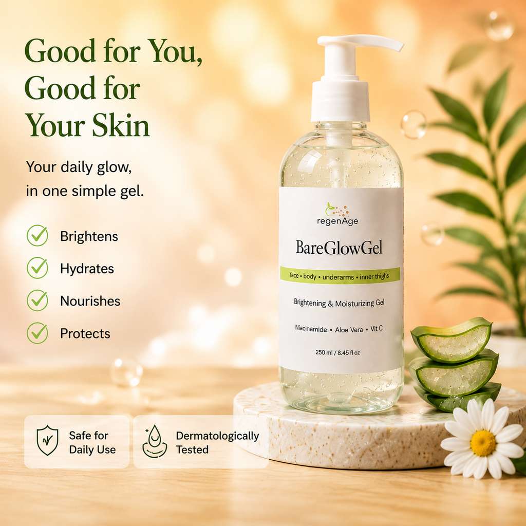 BareGlowGel Brightening & Moisturizing Gel (250ml) for face, body, underarms, and inner-thighs