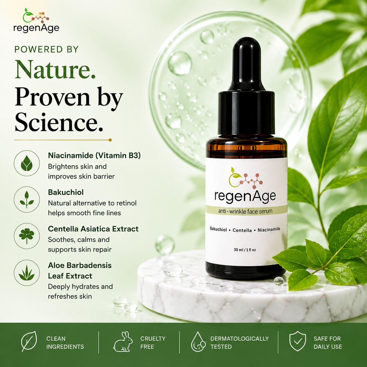 regenAge ANTI-WRINKLE SERUM BAKUCHIOL+NIACIANAMIDE+CENTELLA ASIATICA