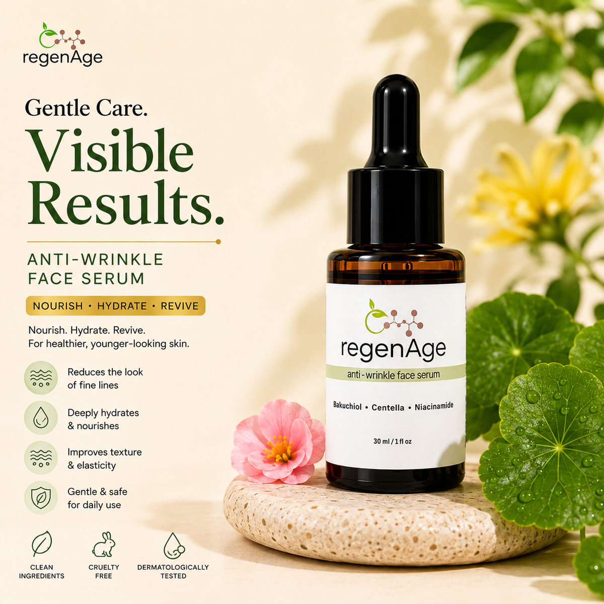 regenAge ANTI-WRINKLE SERUM BAKUCHIOL+NIACIANAMIDE+CENTELLA ASIATICA