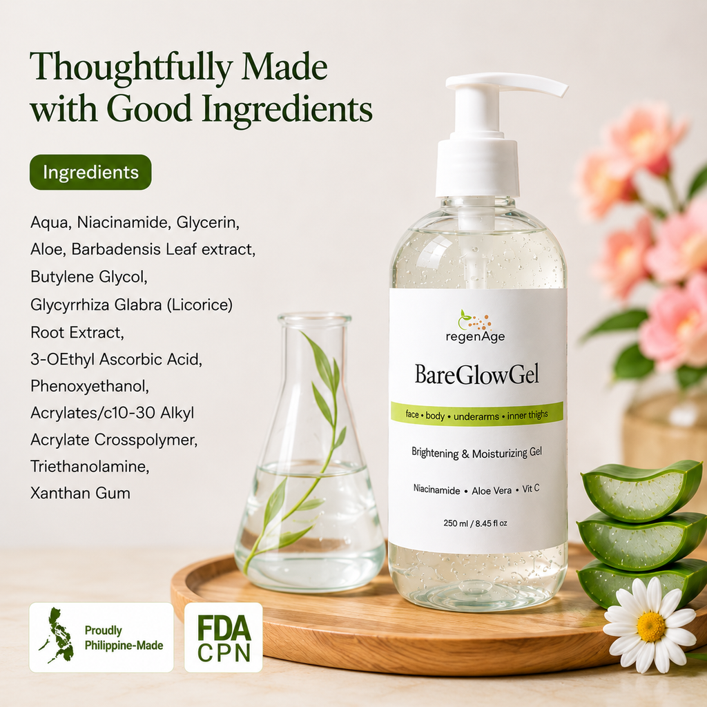 BareGlowGel Brightening & Moisturizing Gel (250ml) for face, body, underarms, and inner-thighs