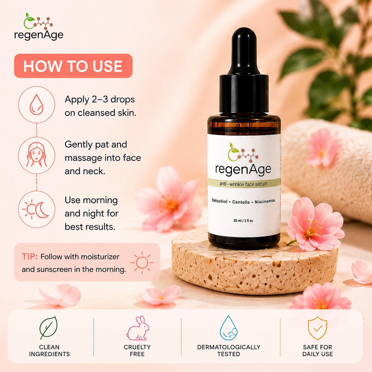 regenAge ANTI-WRINKLE SERUM BAKUCHIOL+NIACIANAMIDE+CENTELLA ASIATICA