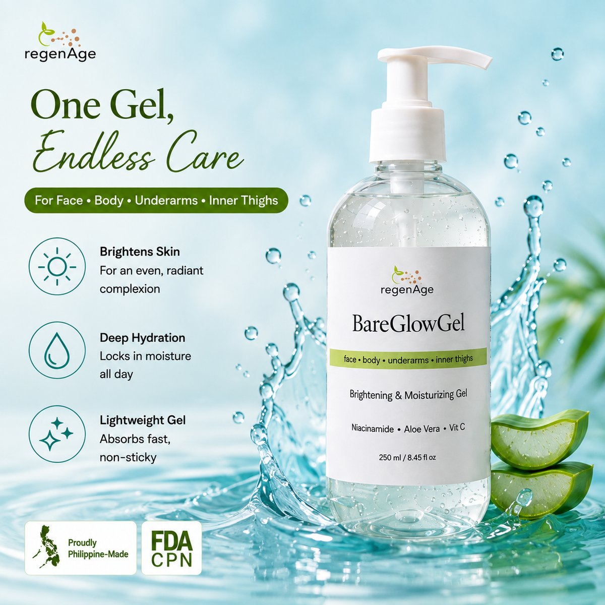 BareGlowGel Brightening & Moisturizing Gel (250ml) for face, body, underarms, and inner-thighs