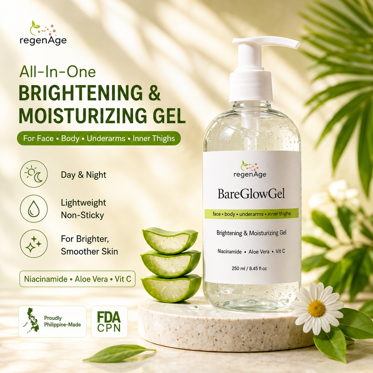 BareGlowGel Brightening & Moisturizing Gel (250ml) for face, body, underarms, and inner-thighs