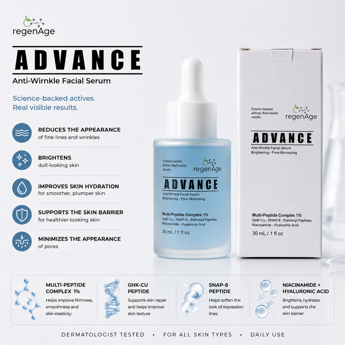 regenAge ADVANCE | Anti-wrinkle Facial Serum | Brightening and Pore Minimizing